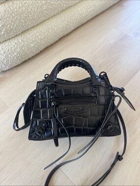 Balenciaga Black Croc-Embossed Mini City Bag